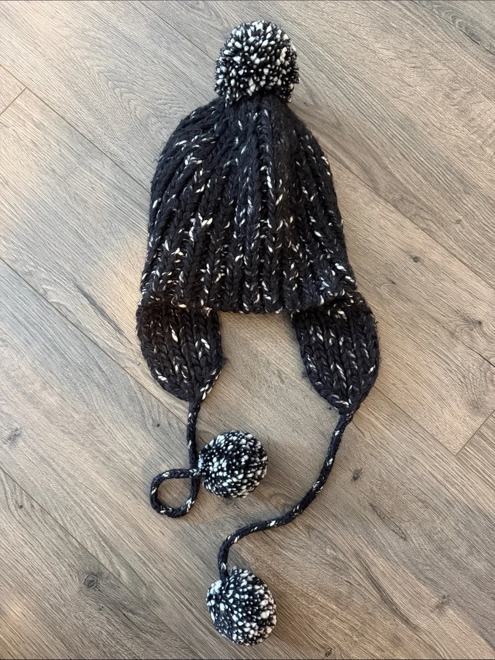 Madewell Black and White Knit Earflap Pom Pom Hat Winter